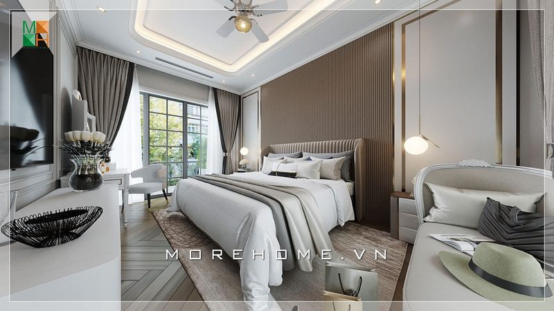 Giường ngủ hiện đại có đầu bọc da với những đường gấp thắt sang trọng và sáng tạo xứng đáng để chọn lựa cho phòng ngủ của biệt thự, nhà phố 